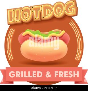 Vector hot dog illustration or label for menu Stock Vector