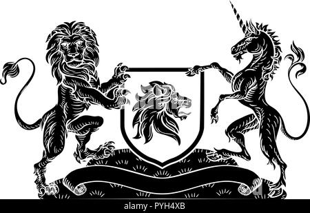 Crest Heraldic Lion Unicorn Shield Coat of Arms  Stock Vector