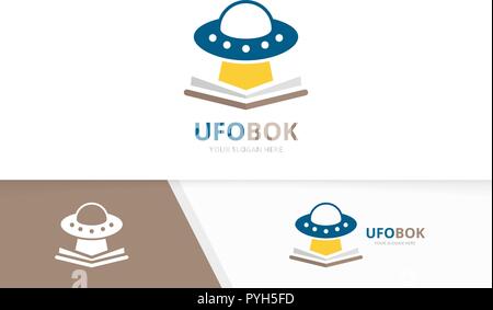 Vector UFO and open book logo combination. Spaceship and bookstore symbol or icon. Unique alien and library logotype design template. Stock Vector