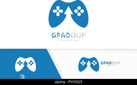 Vector joystick and arrow up logo combination. Gamepad and growth symbol or icon. Unique console controller and upload logotype design template. Stock Vector