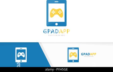 Vector joystick and phone logo combination. Gamepad and mobile symbol or icon. Unique console controller and device logotype design template. Stock Vector