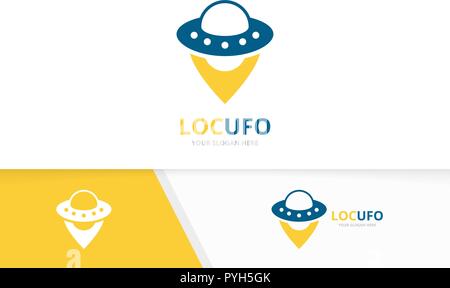 Vector UFO and map pointer logo combination. Spaceship and gps locator symbol or icon. Unique alien and pin logotype design template. Stock Vector