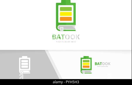 Vector battery and book logo combination. Energy and library symbol or icon. Unique accumulator and bookstore logotype design template. Stock Vector