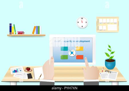 Gender equality in emloyment concept showing manager in his workplace holding tablet with presentation and free place ready for your text. Stock Vector