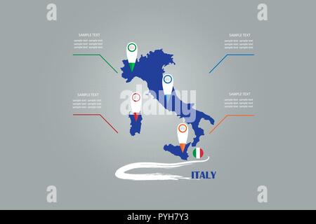 Infographic of the blind map and circle flag of Italy with labels and blank randomly spaced tracker map indicators ready for your text. Stock Vector