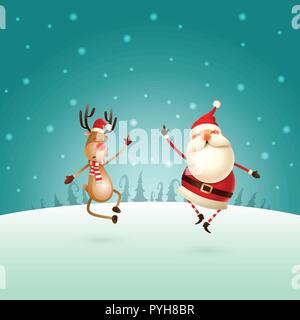 Happy expresion of Santa Claus and Reindeer -  they jumping straight up and bring their heels  claping together right under on winter landscape - Chri Stock Vector