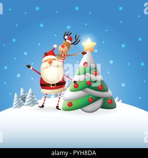 Santa Claus and reindeer decorated Christmas tree, reindeer put star on the top of tree - blue winter landscape poster Stock Vector