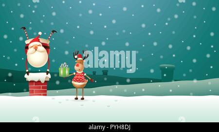 Reindeer helps Santa Claus put down all the gifts down the chimney on the roof - winter night scenery Stock Vector