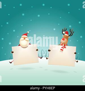 Happy Santa Claus and Reindeer jumping with boards on winter landscape - Christmas template greeting Stock Vector