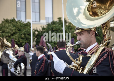 The national band seen performing during the celebrations. The national 'Oxi (No) Day' commemorates the rejection by Greek Prime Minister Ioannis Metaxas of the ultimatum made by the Italian dictator Benito Mussolini on 28 October 1940 during World War II.  It is celebrated yearly by Greek communities around the world, in Greece and Cyprus. After World War II it became a public holiday in Greece and Cyprus and the event is commemorated every year with military and student parades. On every anniversary, most public buildings and residences are decorated with Greek flags. Stock Photo