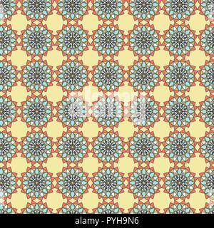 Seamless pattern consists of colorful abstract mandala in muted hues, hand drawing vector on the pale background Stock Vector
