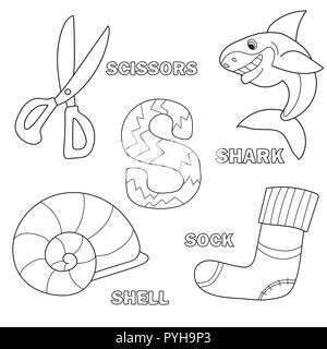 Alphabet coloring book page with outline. Letter S. Shark, scissors, sock, shell Stock Vector