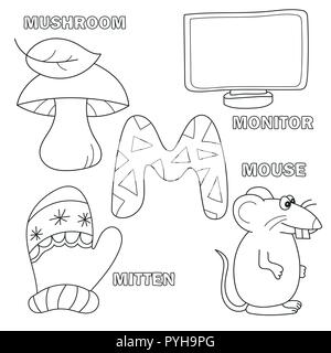 Alphabet letter with alphabet letters M. Pictures of the letter - coloring book Stock Vector