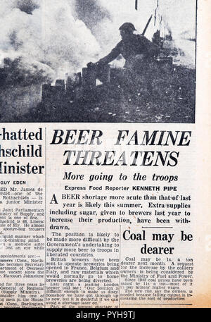 'Beer Famine Threatens More going to the troops' front page headline in the Daily Express newspaper article on March 23 1945 London England UK Stock Photo