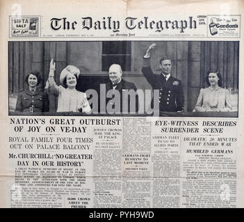 Daily Telegraph newspaper headline King George VI, Queen & daughters Elizabeth, Margaret & Winston Churchill the day after VE Day 9 May 1945 London UK Stock Photo
