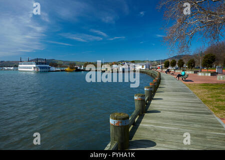 Rotorua waterfront, Lakeland Queen paddle steamer and float plane, Lake Rotorua, North Island, New Zealand Stock Photo