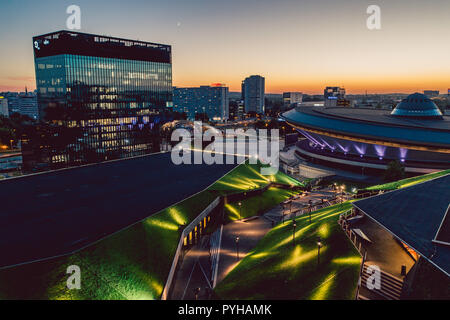KATOWICE, POLAND - SEPTEMBER 12, 2018: The modern city center of Katowice with green roof of International Congress Centre and the famous Spodek sport Stock Photo