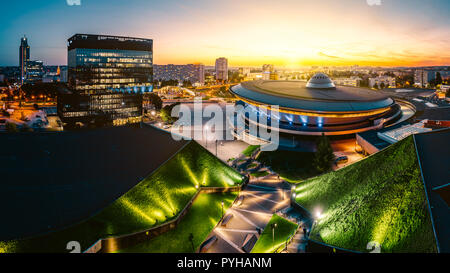KATOWICE, POLAND - SEPTEMBER 18, 2018: The modern city center of Katowice with green roof of International Congress Centre and the famous Spodek sport Stock Photo