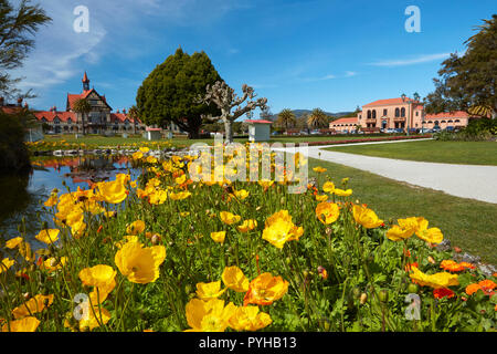 Flowers, Bath House (Rotorua Museum), and Blue Baths, Government Gardens, Rotorua, North Island, New Zealand Stock Photo