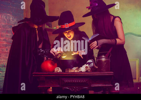 Portrait of three witches boiling potion in cauldron Stock Photo