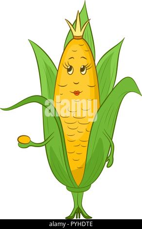 Cartoon Maize Corn, Character Queen with a Golden Crown on Her Head, Isolated on White Background. Vector Stock Vector