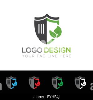 Green and Dark Gray Color Shield Logo Template Stock Vector