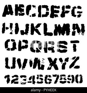 Distressed grunge alphabet and numbers. Stamp ink font. Stock Vector