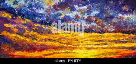 Starry sky over the yellow desert impasto art abstract painting - impressionism landscape, expressionism Stock Photo