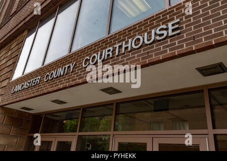 Lancaster, PA, USA - May 5, 2018: The Lancaster County Courthouse entrance sign in Lancaster, Pennsylvania. Stock Photo