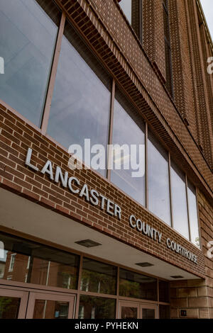 Lancaster, PA, USA - May 5, 2018: The Lancaster County Courthouse entrance sign in Lancaster, Pennsylvania. Stock Photo