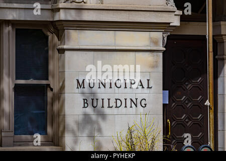 Lancaster, PA, USA - May 5, 2018: The Lancaster City Municipal Building Sign at the City Hall in Lancaster, Pennsylvania. Stock Photo