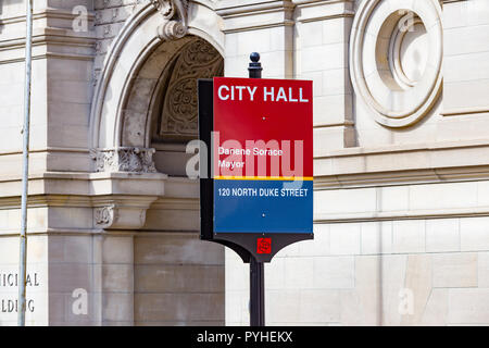 Lancaster, PA, USA - May 5, 2018: The Lancaster City Hall sign in Lancaster, Pennsylvania. Stock Photo