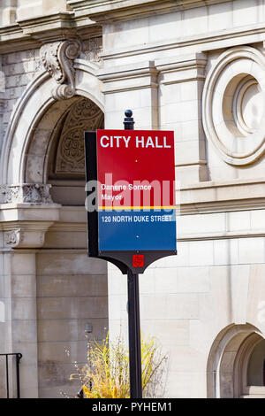 Lancaster, PA, USA - May 5, 2018: The Lancaster City Hall sign in Lancaster, Pennsylvania. Stock Photo