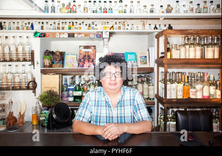 Ulises Torrentera, owner of In Situ Mezcaleria, in Oaxaca, Mexico, Wednesday, October 7, 2015. Mezcal bars (mezcalerias) are becoming popular with Mexican youth all over Mexico, but exporting outside of Mexico is difficult for the small producers. Stock Photo