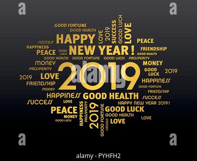 Gold greeting words around New Year date 2019, isolated on black background Stock Vector