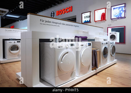 Berlin, Germany - The German company BOSCH will be showcasing its laundry care and washing machine innovations at IFA 2018. Stock Photo