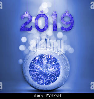 Set of silver shiny digits on glitter background. New year 2019 background. Christmas Stock Photo