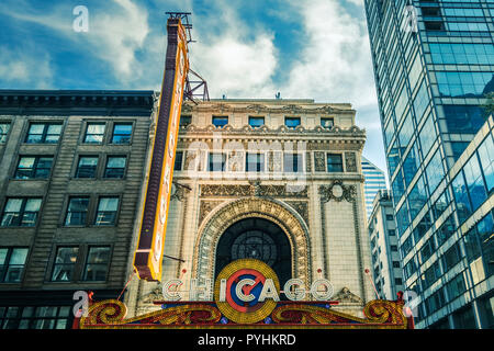 CHICAGO, IL - OCT 8: Chicago Theatre and street view on October 8, 2018 in Chicago, Illinois. The iconic Chicago Theatre marquee appears in film, tele Stock Photo