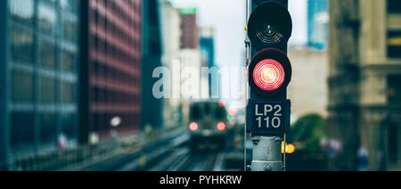 Panoramic view of elevated railway traffic light in Chicago, USA. Stock Photo