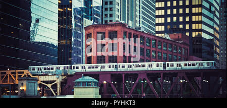 Panoramic view of elevated railway train in Chicago, USA. Stock Photo