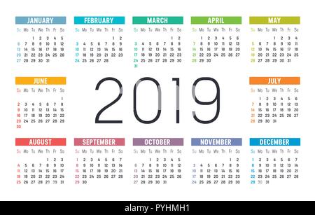 Year 2019 minimalist colorful calendar, on white background. Stock Vector