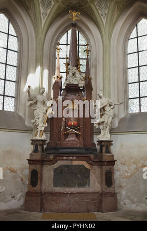 Burial place of Duke Vladislaus I of Bohemia in the Assumption Church (Kostel Nanebevzetí Panny Marie) of the Kladruby Monastery (Klášter Kladruby) in Kladruby near Tachov in West Bohemia, Czech Republic. Duke Vladislaus I of Bohemia was the founder of the Kladruby Monastery. The monastery church designed by Czech architect with Italian origins Jan Santini Aichel (Giovanni Biagio Santini) was built from 1712 to 1721 in the combination of Baroque and Gothic styles, known as Baroque Gothic style. Stock Photo