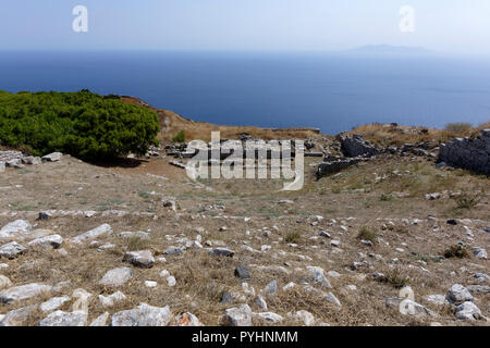 Overlooking the Aegean Sea, the Ancient theatre, constructed in the 2nd century BC, Ancient Thera, Santorini, Greece. The theatre had a capacity to se Stock Photo