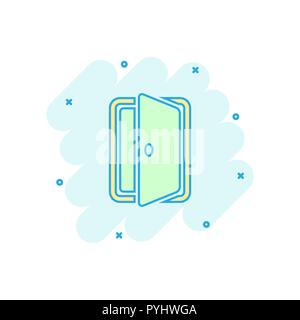 Vector cartoon entrance door icon in comic style. Exit doors concept illustration pictogram. Doorway entrance business splash effect concept. Stock Vector