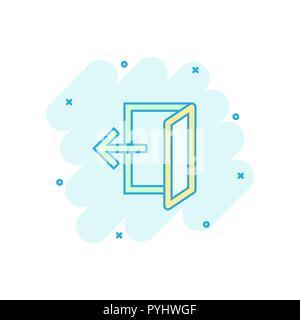 Vector cartoon entrance door icon in comic style. Exit doors concept illustration pictogram. Doorway entrance business splash effect concept. Stock Vector