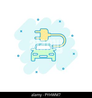 Vector cartoon electro car icon in comic style. Electric automobile vehicle illustration pictogram. Ecology car sedan splash effect concept. Stock Vector