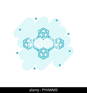 Vector cartoon blockchain technology icon in comic style. Cryptography cube block concept illustration pictogram. Blockchain algorithm business splash Stock Vector