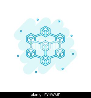 Vector cartoon blockchain technology icon in comic style. Cryptography cube block concept illustration pictogram. Blockchain algorithm business splash Stock Vector