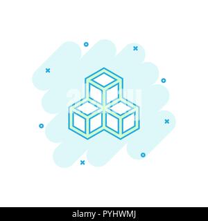 Vector cartoon blockchain technology icon in comic style. Cryptography cube block concept illustration pictogram. Blockchain algorithm business splash Stock Vector