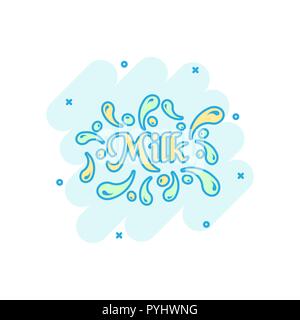 Vector cartoon milk icon in comic style. Milk drink illustration pictogram. Milky wave business splash effect concept. Stock Vector